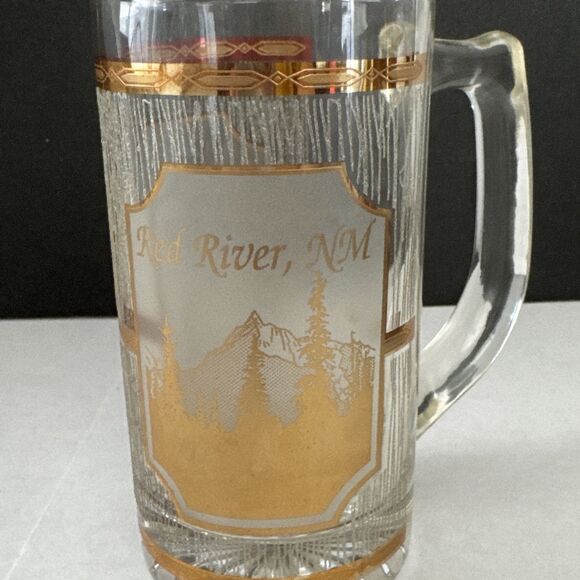 Culver Red River NM Glass Mug 22K Gold Deer Mtn Etched Tree Detailing Vintage - Picture 3 of 5